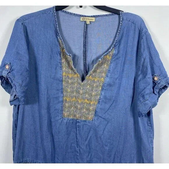 Democracy Womens Sz XL Boho Western Dress Denim Chambray Embroidered Lyocell - Picture 2 of 5